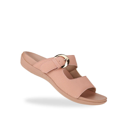 Diagonal view of Great Coverage Buckle flat sandals in rosy pink, displaying an elegant design with an arch-support footbed.