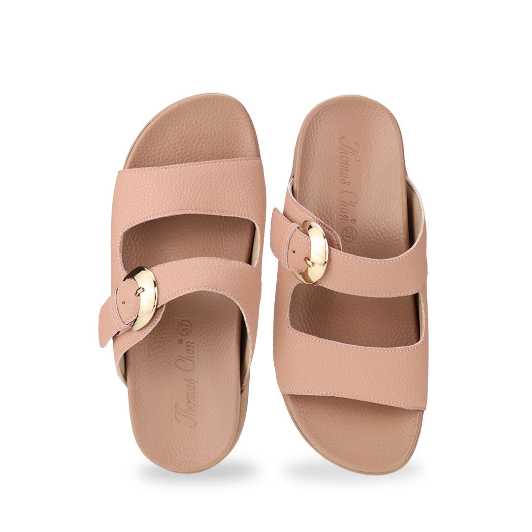 Front view of Great Coverage Buckle flat sandals in rosy pink, displaying an elegant design with an arch-support footbed.