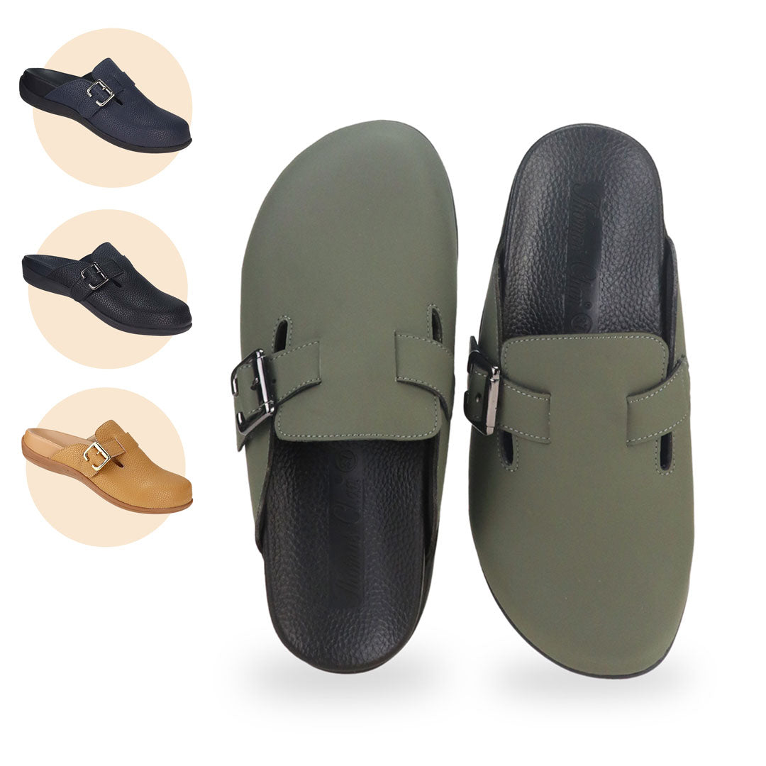 Thomas Chan comfy collection just released a closed-toe slip-on sandal with a buckle on the side and an arch-support footbed. Available in khaki, blue, black, & Tan.