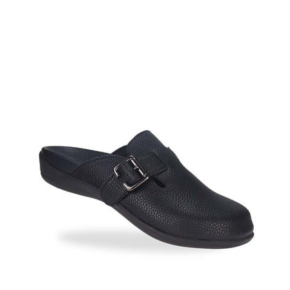 Diagonal view of Thomas Chan's closed-toe buckle sandals in black colour with pebbled texture, the sandals feature a sleek design with a black buckle strap across the top and a black inner lining, with arch-support footbed.