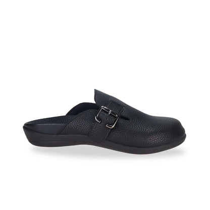 Side view of Thomas Chan's closed-toe buckle sandals in black colour with pebbled texture, the sandals feature a sleek design with a black buckle strap across the top and a black inner lining, with arch-support footbed.