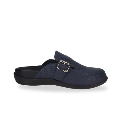 Side view of Thomas Chan's closed-toe buckle sandals in blue colour with pebbled texture, the sandals feature a sleek design with a silver buckle strap across the top and a black inner lining, with arch-support footbed.