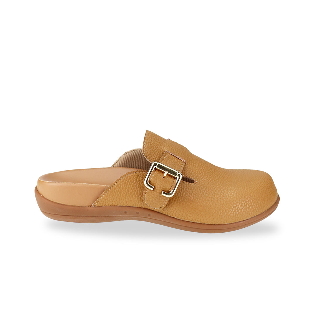 Side view of Thomas Chan's closed-toe buckle sandals in tan colour with pebbled texture, the sandals feature a sleek design with a silver buckle strap across the top and a foam inner lining, with arch-support footbed.