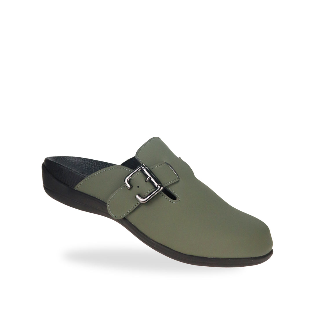 Diagonal view of Thomas Chan's closed-toe buckle sandals in khaki colour, the sandals feature a sleek design with a black buckle strap across the top and a black inner lining, with arch-support footbed.