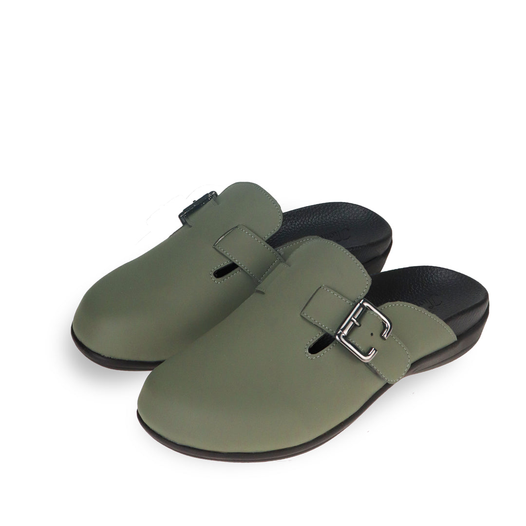 Full view of Thomas Chan's closed-toe buckle sandals in khaki colour, the sandals feature a sleek design with a black buckle strap across the top and a black inner lining, with arch-support footbed.