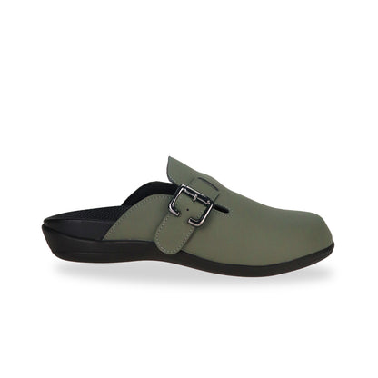 Side view of Thomas Chan's closed-toe buckle sandals in khaki colour, the sandals feature a sleek design with a black buckle strap across the top and a black inner lining, with arch-support footbed.