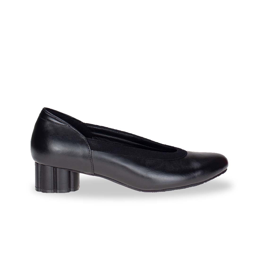 Side view of Thomas Chan court shoes crafted with black suede ox leather, complete with an arch-support orthotic insole included, ensuring both comfort and a more breathable experience.