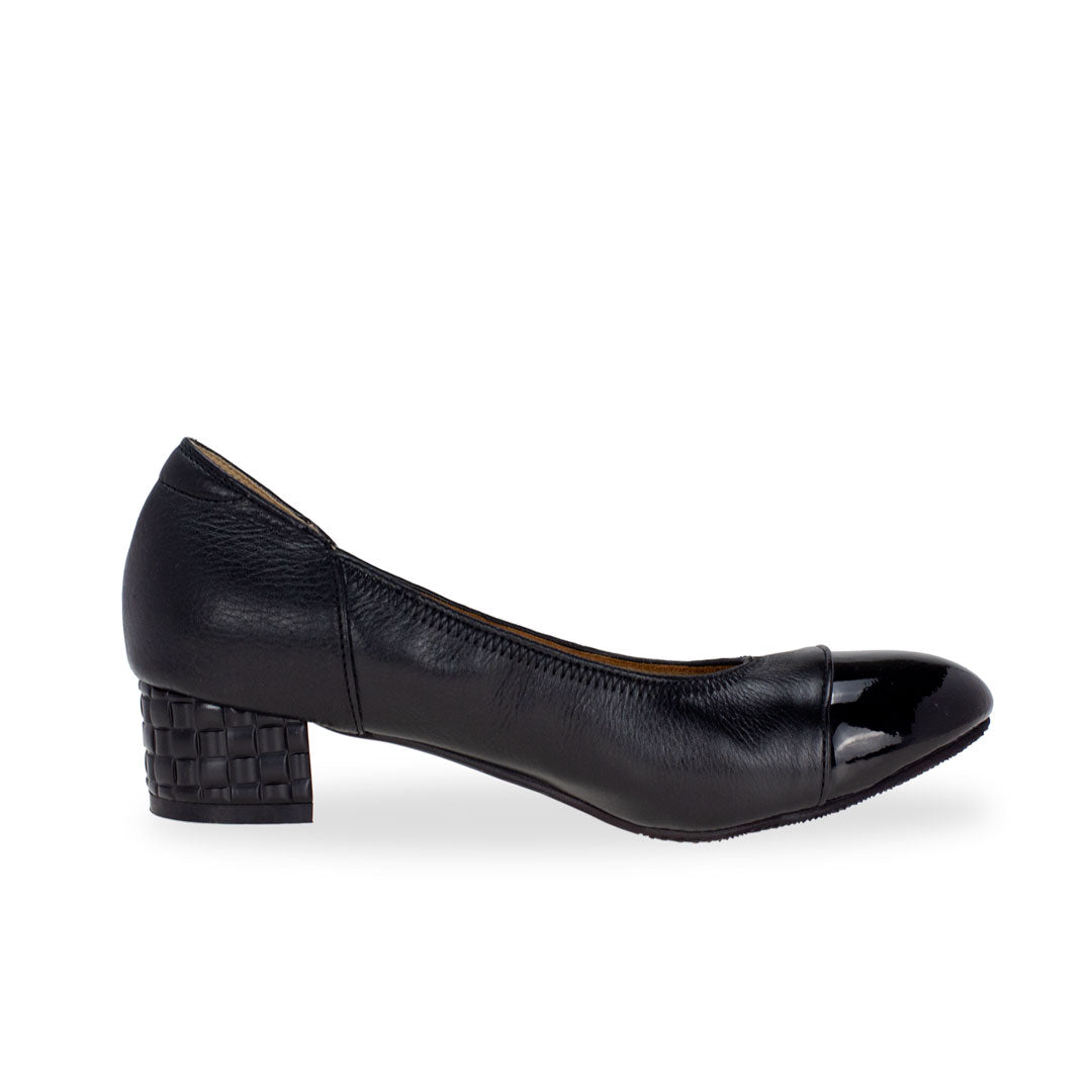 Side view of Thomas Chan comfortable black colour low heel classic ox leather court shoes with patent leather at the toe cover.