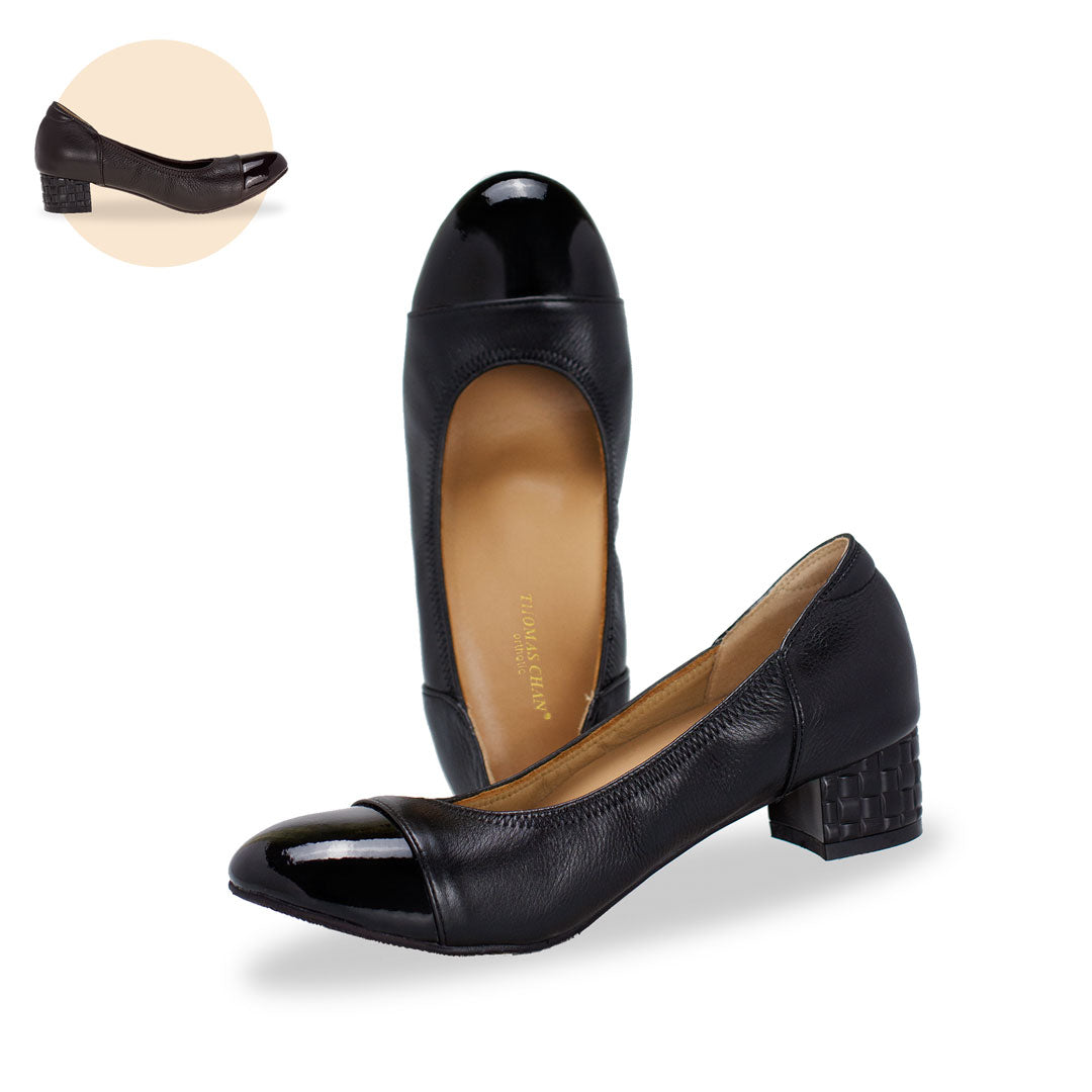 Thomas Chan Embossed Heel Court Shoes are ox leather court shoes with patent leather detail at the toe cover, available in black and brown colours, featuring an in-built orthotic arch support insole