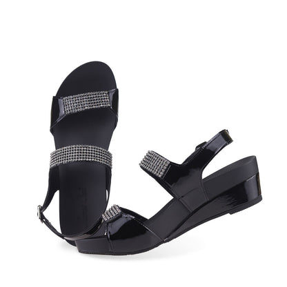 Front view of Thomas Chan black Diamond Strappy Slingback Low Wedges, featuring handpicked multi-row rhinestone straps and the exclusive Thomas Chan® Orthotic Arch-legance footbed for stylish comfort, complete with a breathable slingback design.