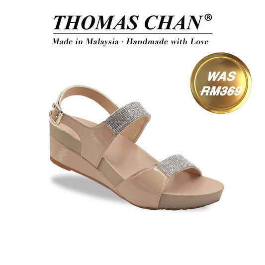 Thomas Chan Diamond Strappy Slingback Low Wedges in pattern pattern cream, featuring multi-row diamond decorarion, elegant slingback design and arch-support footbed. "THOMAS CHAN®" brand displayed with "Made in Malaysia · Handmade with Love" below. Gold and white banner highlights special offer: "Was 369." 