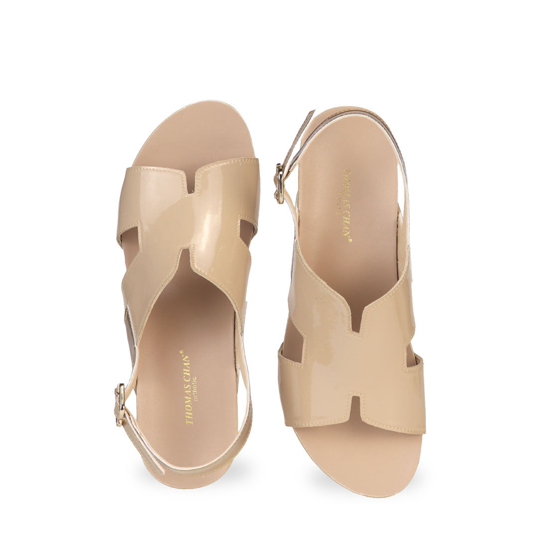 Front view of Thomas Chan H-Strap with Slingback Low Wedge Sandals in cream, featuring a mixture of silver patent at the slingback, ensuring comfortable wear and an easy walking experience.