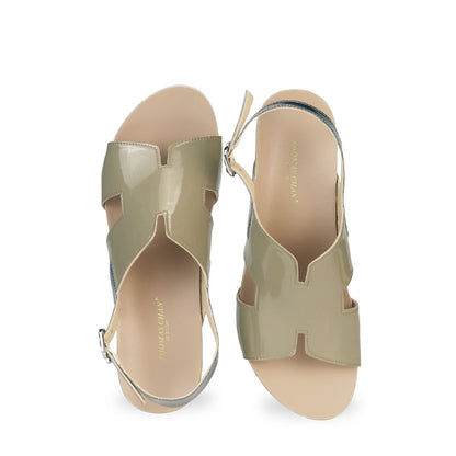 Front view of Thomas Chan H-Strap with Slingback Low Wedge Sandals in ivory green, featuring a mixture of silver patent at the slingback, ensuring comfortable wear and an easy walking experience.