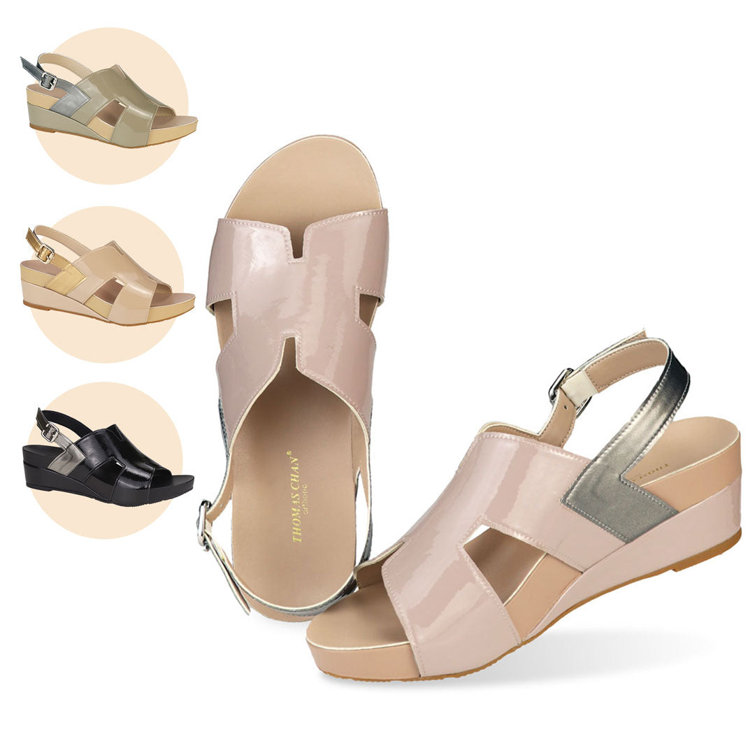 Thomas Chan H-Strap with Slingback Low Wedge Sandals, available in light taupe, ivory green, cream, and black colours, each featuring a unique mix of metallic patent colors. These sandals also come with built-in arch-support insoles for enhanced comfort and ease of walking.