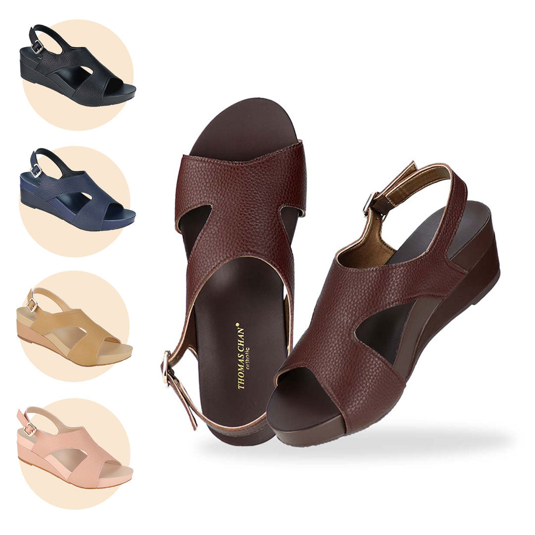 Thomas Chan Daily Wear Slingback Low Wedges in cocoa brown, featuring pebbly lychee print, elegant slingback design and arch-support footbed. Also available in black, navy blue, camel cream, and pink colours