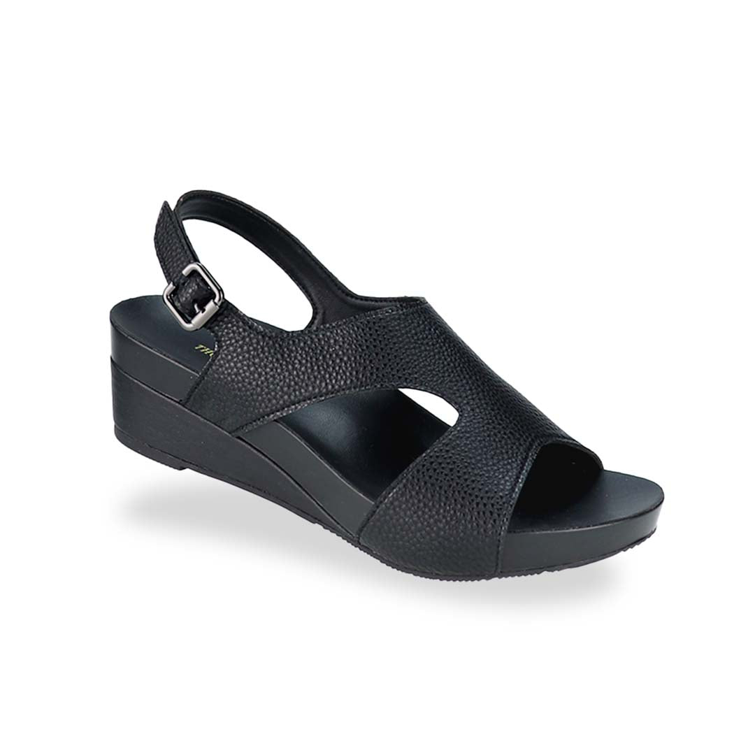 Diagonal view of Thomas Chan Daily Wear Slingback Low Wedges in charcoal black, featuring buckle slingback design, and built-in arch-support insoles for enhanced comfort and ease of walking