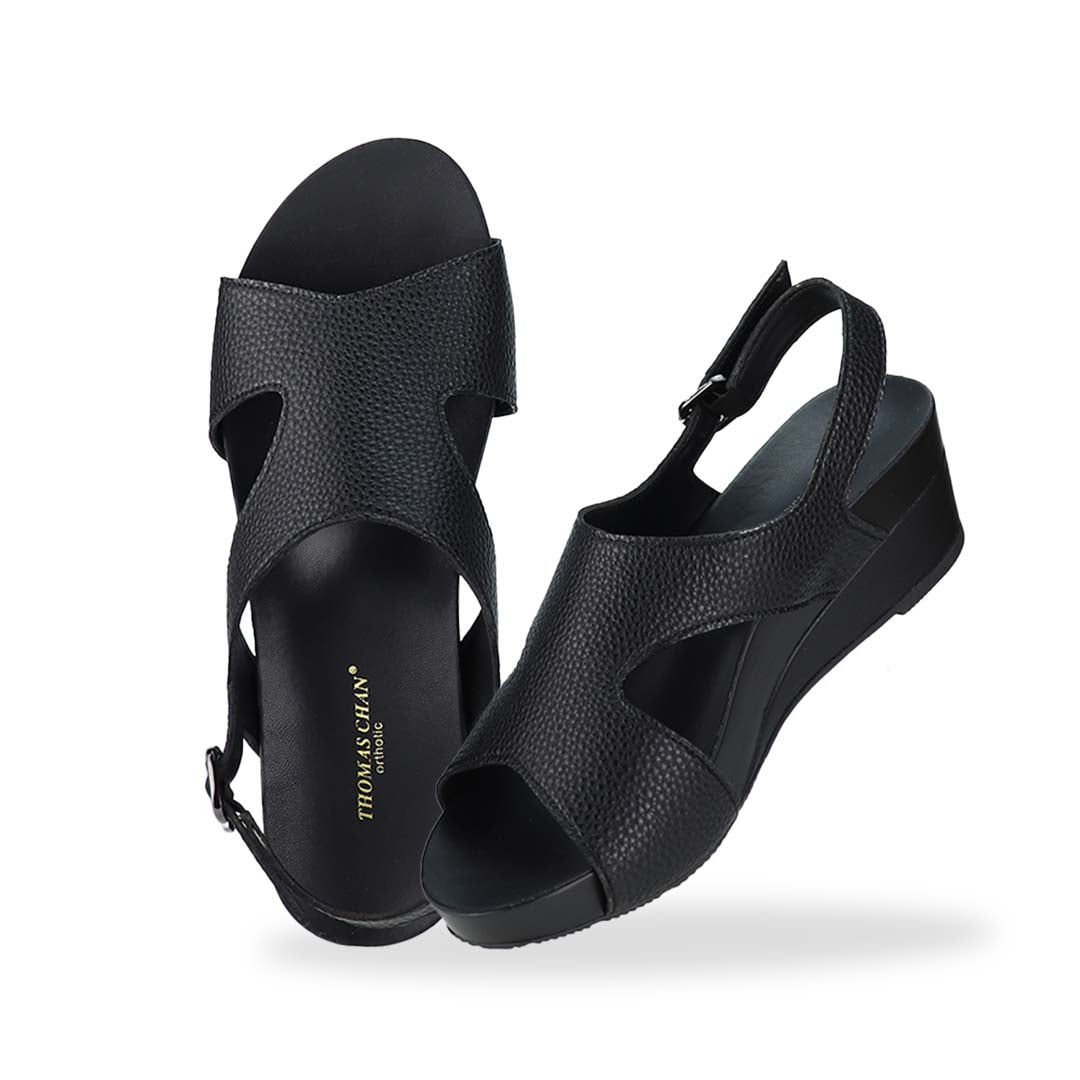 Full view of Thomas Chan Daily Wear Slingback Low Wedges in charcoal black, featuring buckle slingback design, and built-in arch-support insoles for enhanced comfort and ease of walking