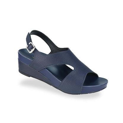 Diagonal view of Thomas Chan Daily Wear Slingback Low Wedges in navy blue, featuring buckle slingback design, and built-in arch-support insoles for enhanced comfort and ease of walking