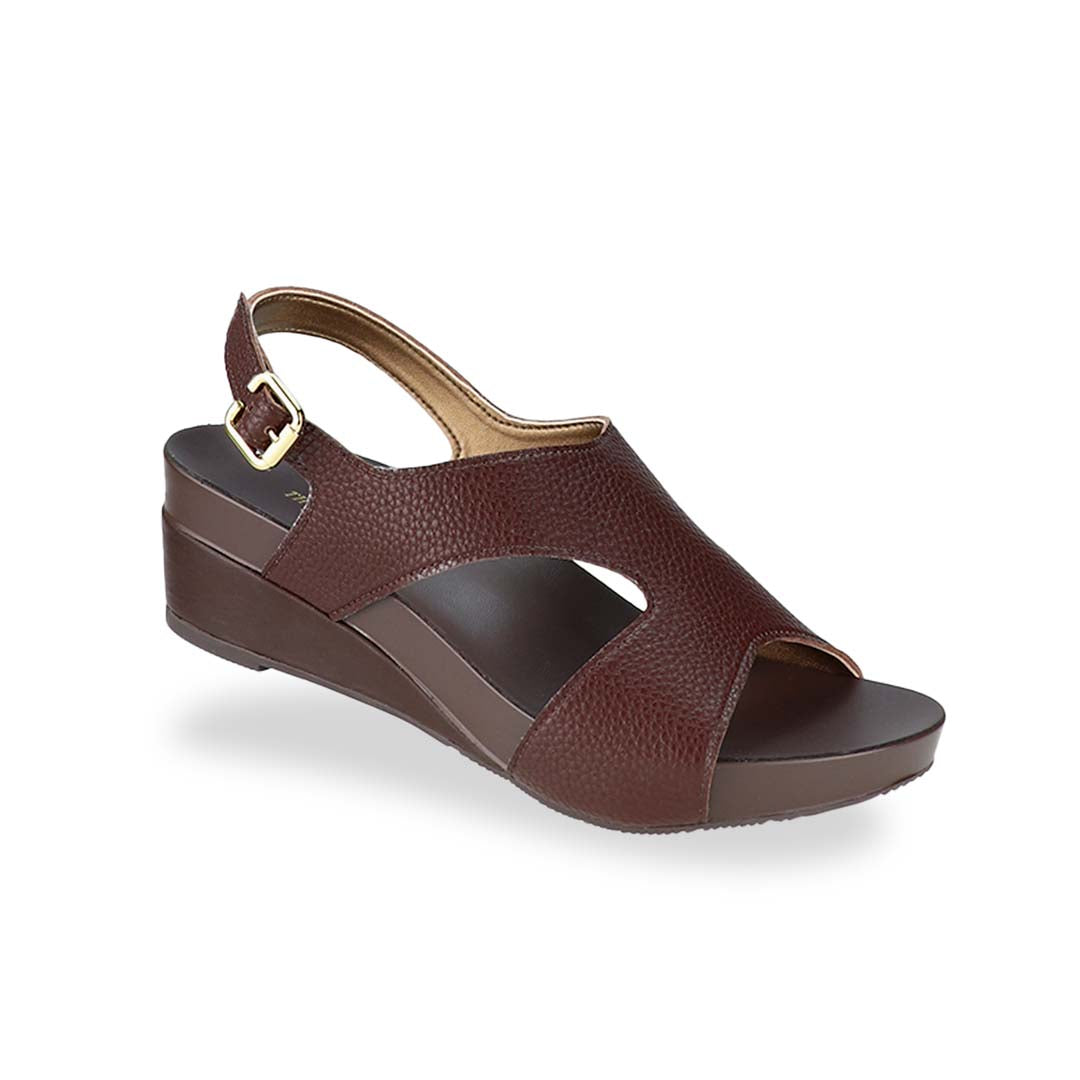 Diagonal view of Thomas Chan Daily Wear Slingback Low Wedges in cocoa brown, featuring buckle slingback design, and built-in arch-support insoles for enhanced comfort and ease of walking