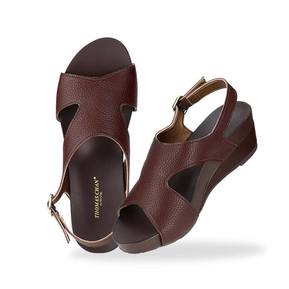 Full view of Thomas Chan Daily Wear Slingback Low Wedges in cocoa brown, featuring buckle slingback design, and built-in arch-support insoles for enhanced comfort and ease of walking