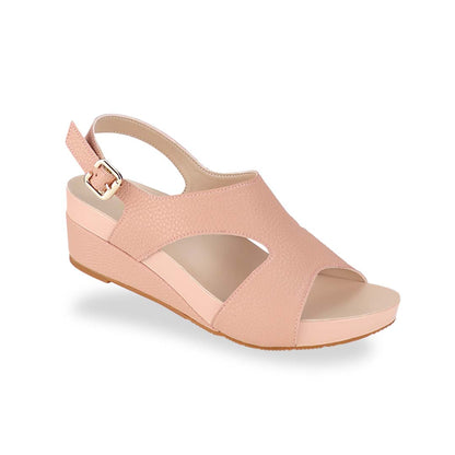 Diagonal view of Thomas Chan Daily Wear Slingback Low Wedges in rosy pink, featuring buckle slingback design, and built-in arch-support insoles for enhanced comfort and ease of walking