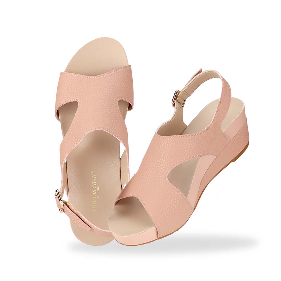 Full view of Thomas Chan Daily Wear Slingback Low Wedges in rosy pink, featuring buckle slingback design, and built-in arch-support insoles for enhanced comfort and ease of walking