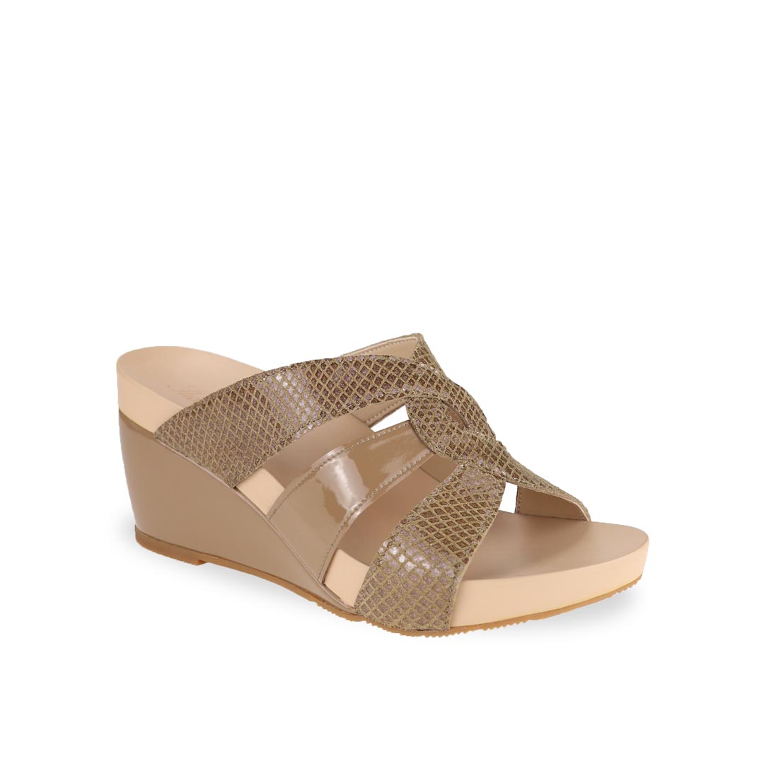 Diagonal view of Thomas Chan sand beige coloured extra comfortable triple strap snake effect orthotic wedge sandals.