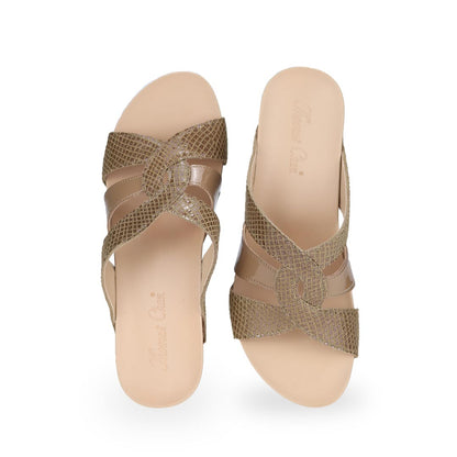 Front view of Thomas Chan sand beige coloured extra comfortable triple strap snake effect orthotic wedge sandals.