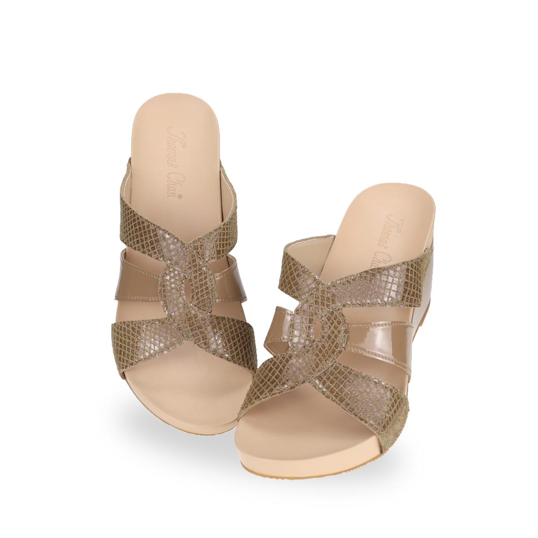 Full view of Thomas Chan sand beige coloured extra comfortable triple strap snake effect orthotic wedge sandals.