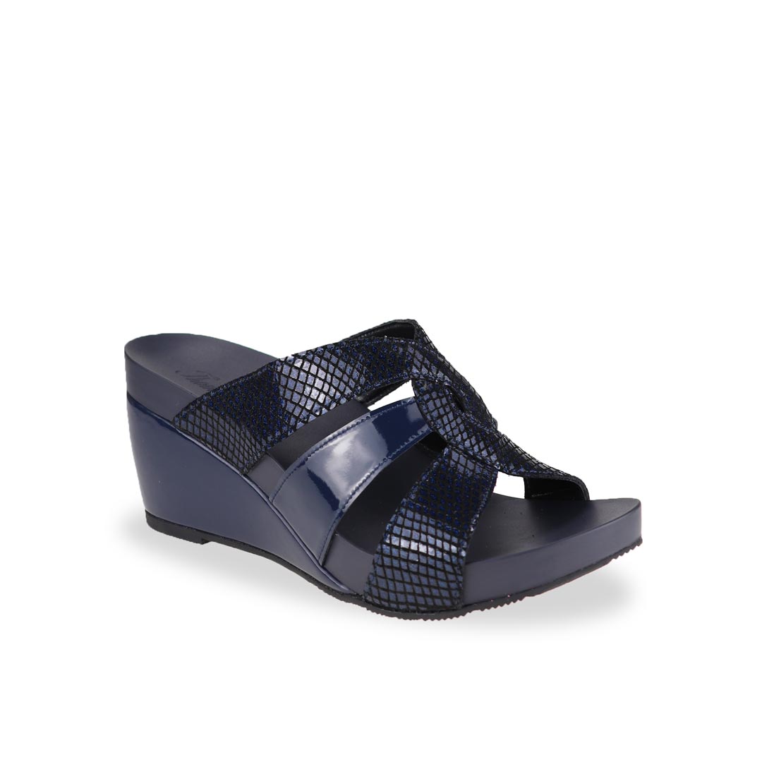 Diagonal view of Thomas Chan dark blue coloured extra comfortable triple strap snake effect orthotic wedge sandals.