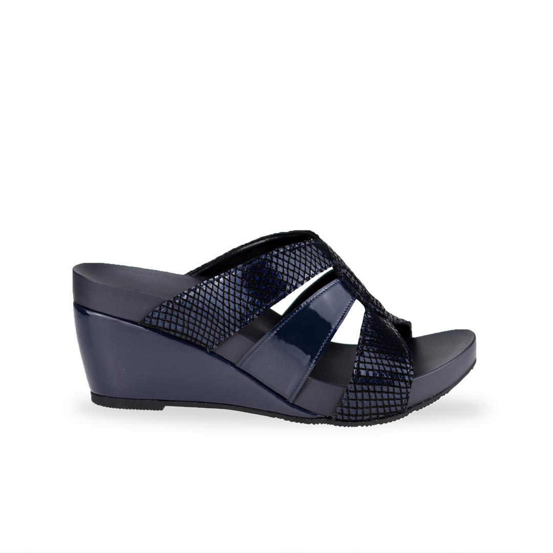 Side view of Thomas Chan dark blue coloured extra comfortable triple strap snake effect orthotic wedge sandals.