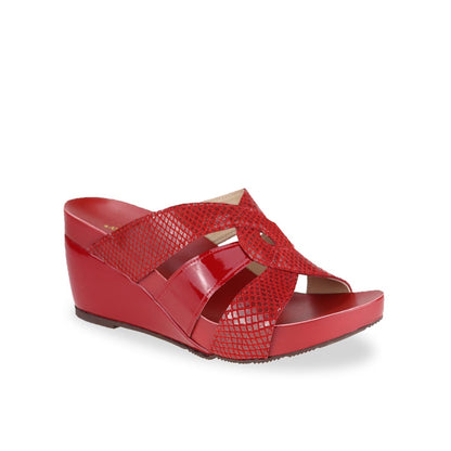  Diagonal view of Thomas Chan classic bright red coloured extra comfortable triple strap snake effect orthotic wedge sandals.