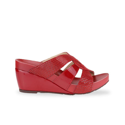 Side view of Thomas Chan classic bright red coloured extra comfortable triple strap snake effect orthotic wedge sandals.