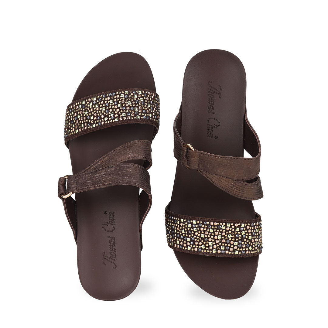 Front view of Thomas Chan Strappy Rhinestone Wedge Sandals in brown colour, featuring an elegant design and supportive arch insole 