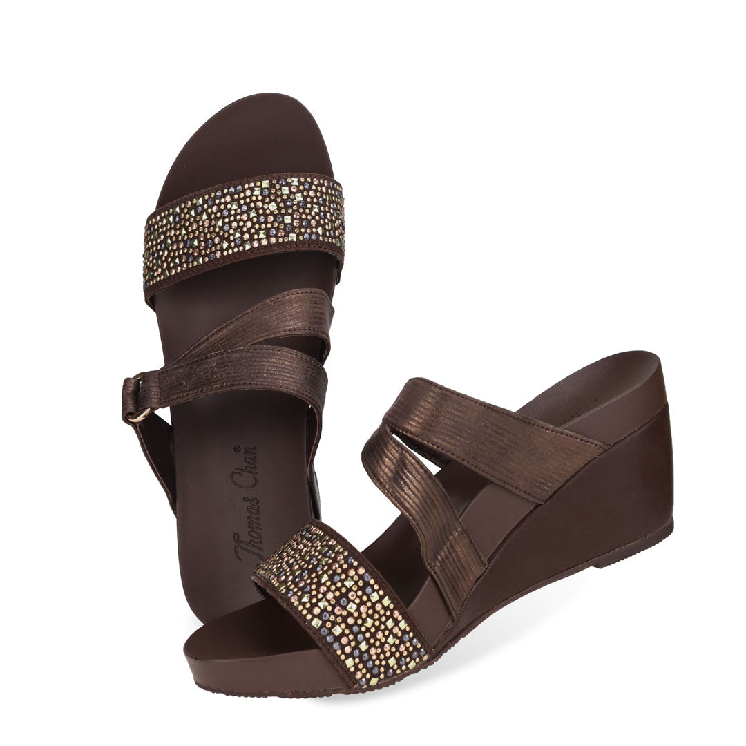 Full view of Thomas Chan Strappy Rhinestone Wedge Sandals in brown colour, featuring an elegant design and supportive arch insole