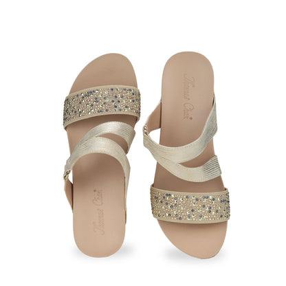 Front view of Thomas Chan Strappy Rhinestone Wedge Sandals in gold color, featuring an elegant design and supportive arch insole