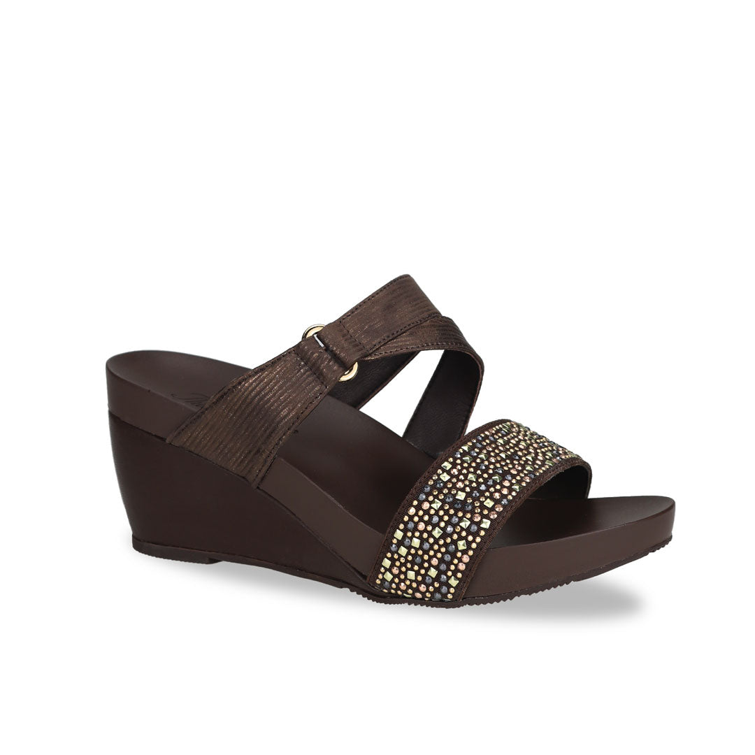 Diagonal view of Thomas Chan Strappy Rhinestone Wedge Sandals in brown colour, featuring an elegant design and supportive arch insole