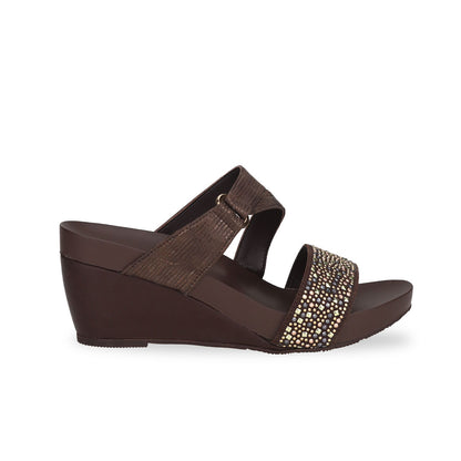 Side view of Thomas Chan Strappy Rhinestone Wedge Sandals in brown colour, featuring an elegant design and supportive arch insole