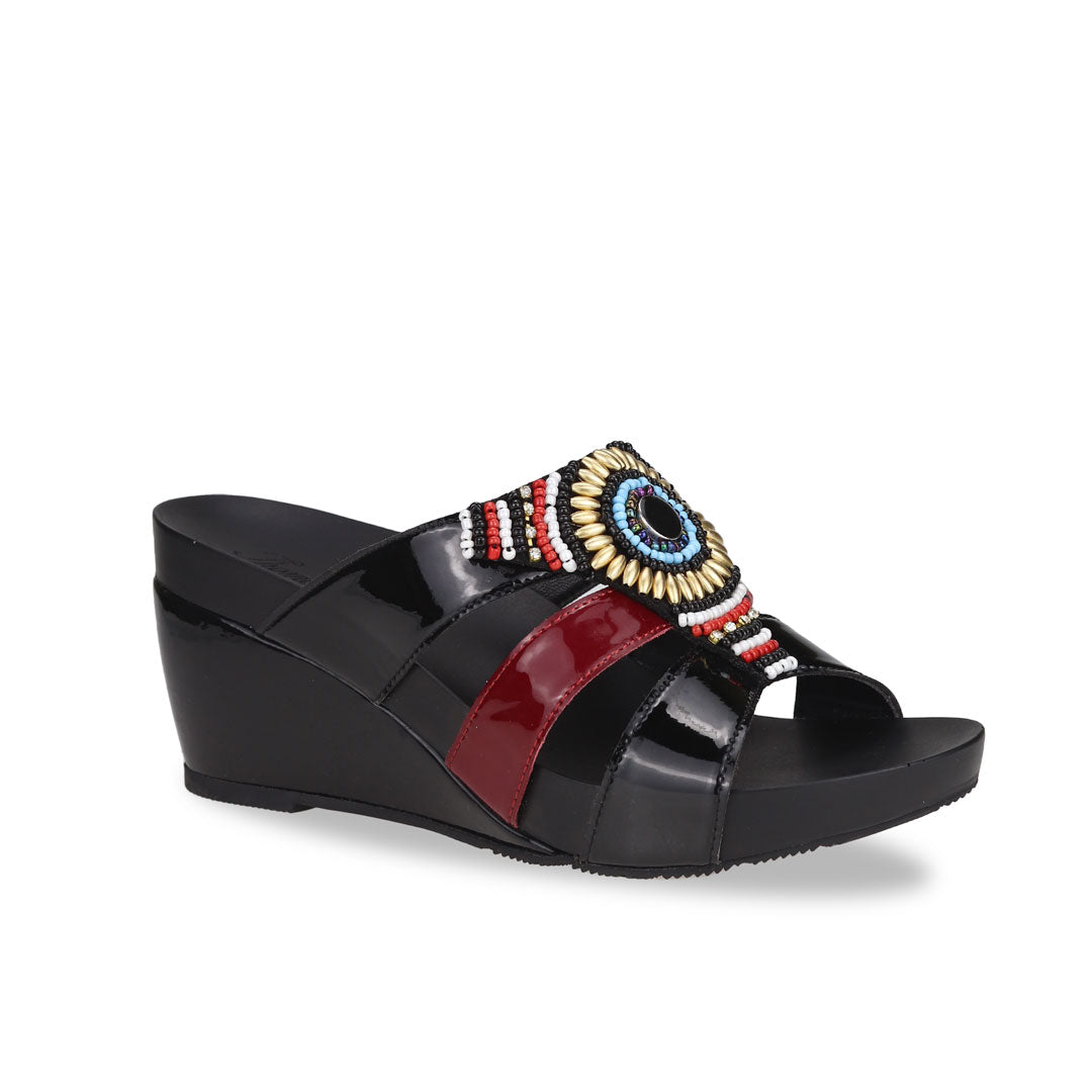 Diagonal view of Thomas Chan Triple Straps Bead High Wedges in black with a mixture of red colour patent in the middle stripe, featuring arch support insole.