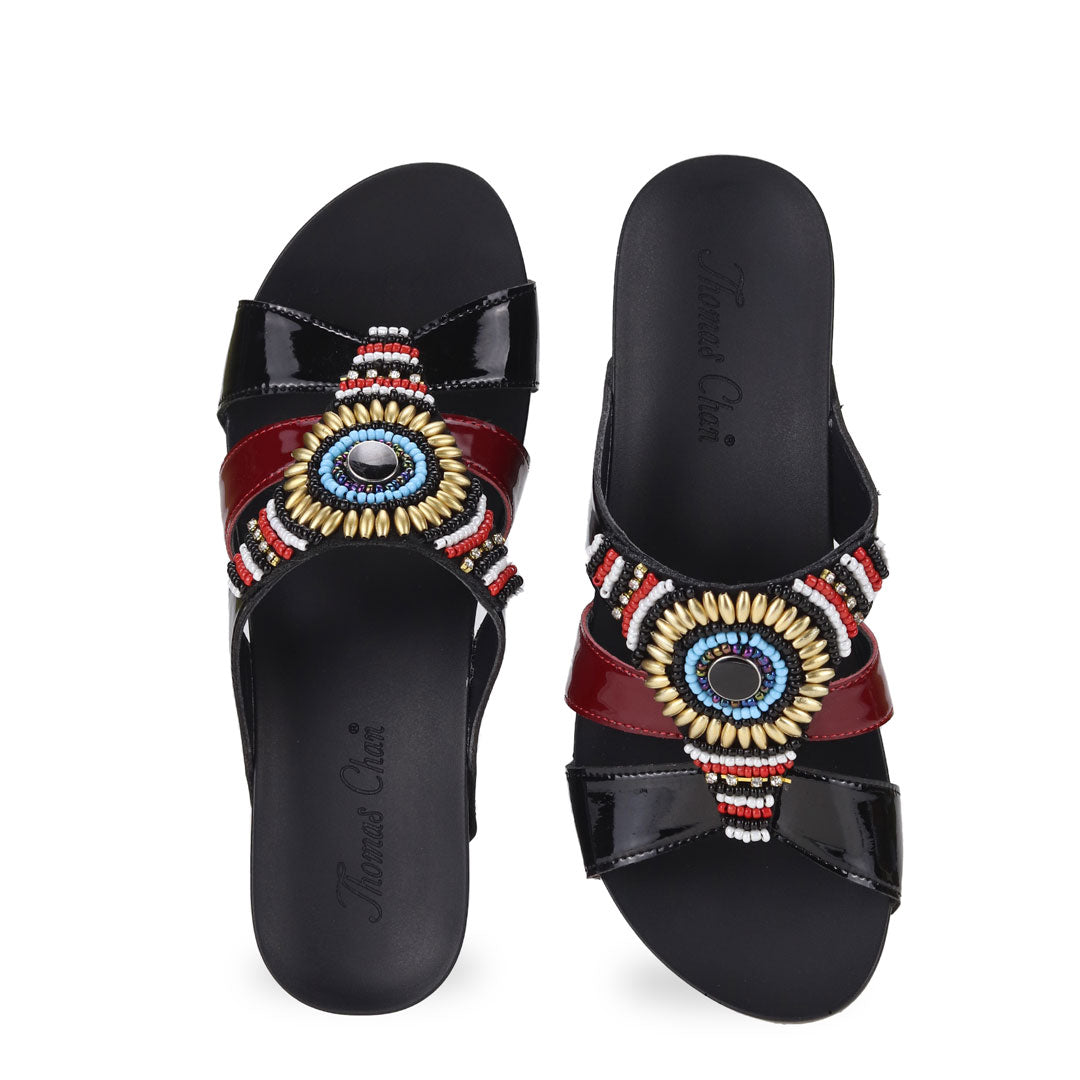 Front view of Thomas Chan Triple Straps Bead High Wedges in black with a mixture of red colour patent in the middle stripe, featuring arch support insole.