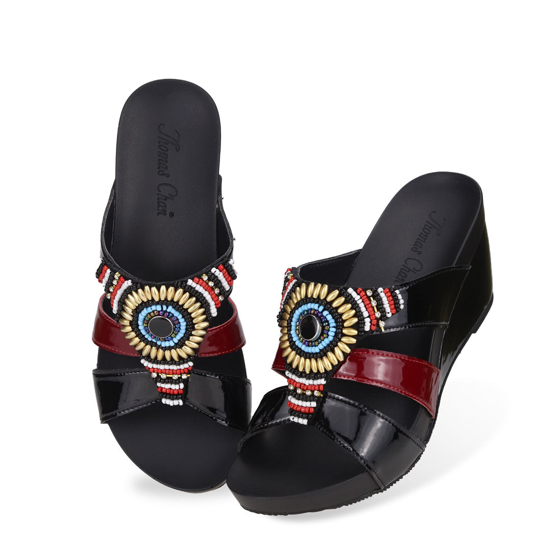 Full view of Thomas Chan Triple Straps Bead High Wedges in black with a mixture of red colour patent in the middle stripe, featuring arch support insole.