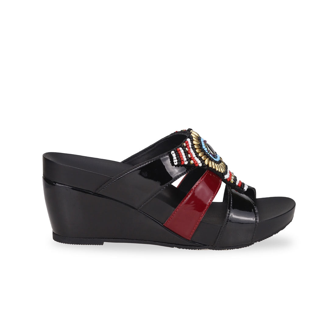 Side view of Thomas Chan Triple Straps Bead High Wedges in black with a mixture of red colour patent in the middle stripe, featuring arch support insole.