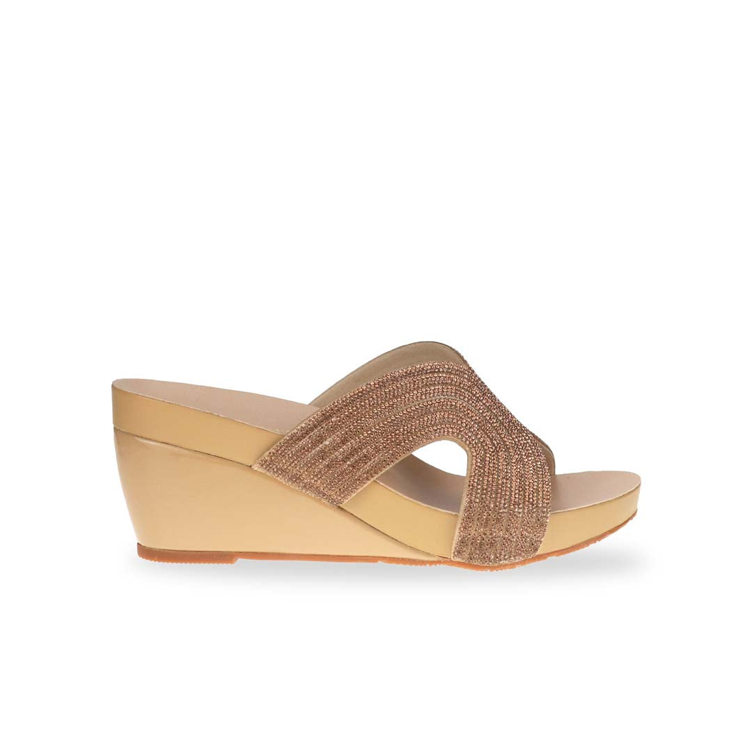 Side view of Thomas Chan gold color diamond-detail wedge sandals high heels, featuring a 3-inch heel with an orthotic insole