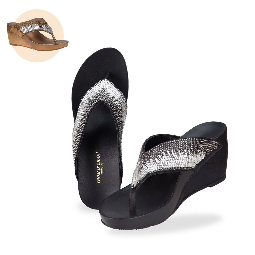 Image of a Suede Rhinestone Wedge Flip Flops from Thomas Chan in black colour. The sandal features a glossy design with a 3-inch wedge heel with arch-support footbed technology. Also available in bronze colour