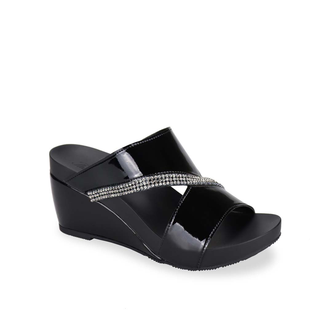 Diagonal view of black colour Thomas Chan comfortable diamond strap shiny dinner wedge sandals.