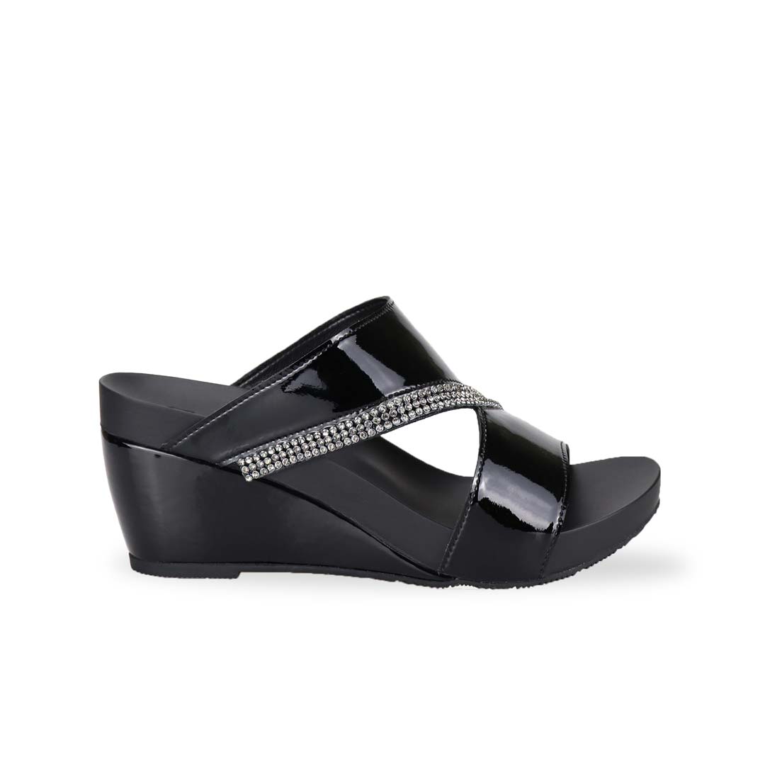 Side view of black colour Thomas Chan comfortable diamond strap shiny dinner wedge sandals.