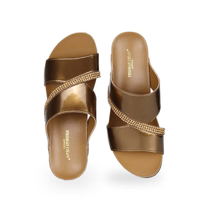 Front view of bronze colour Thomas Chan comfortable diamond strap shiny dinner wedge sandals.