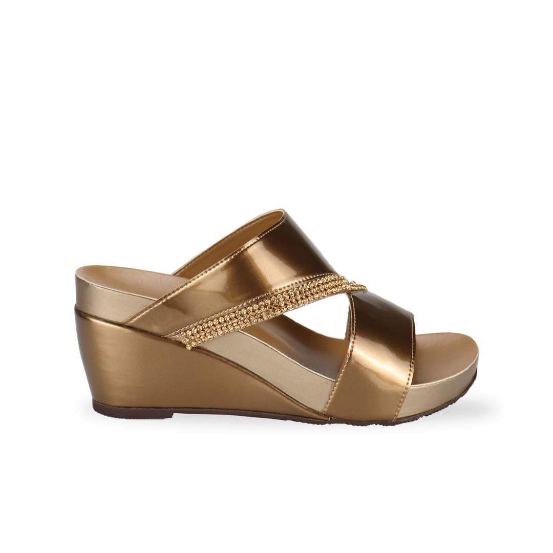 Side view of bronze colour Thomas Chan comfortable diamond strap shiny dinner wedge sandals.