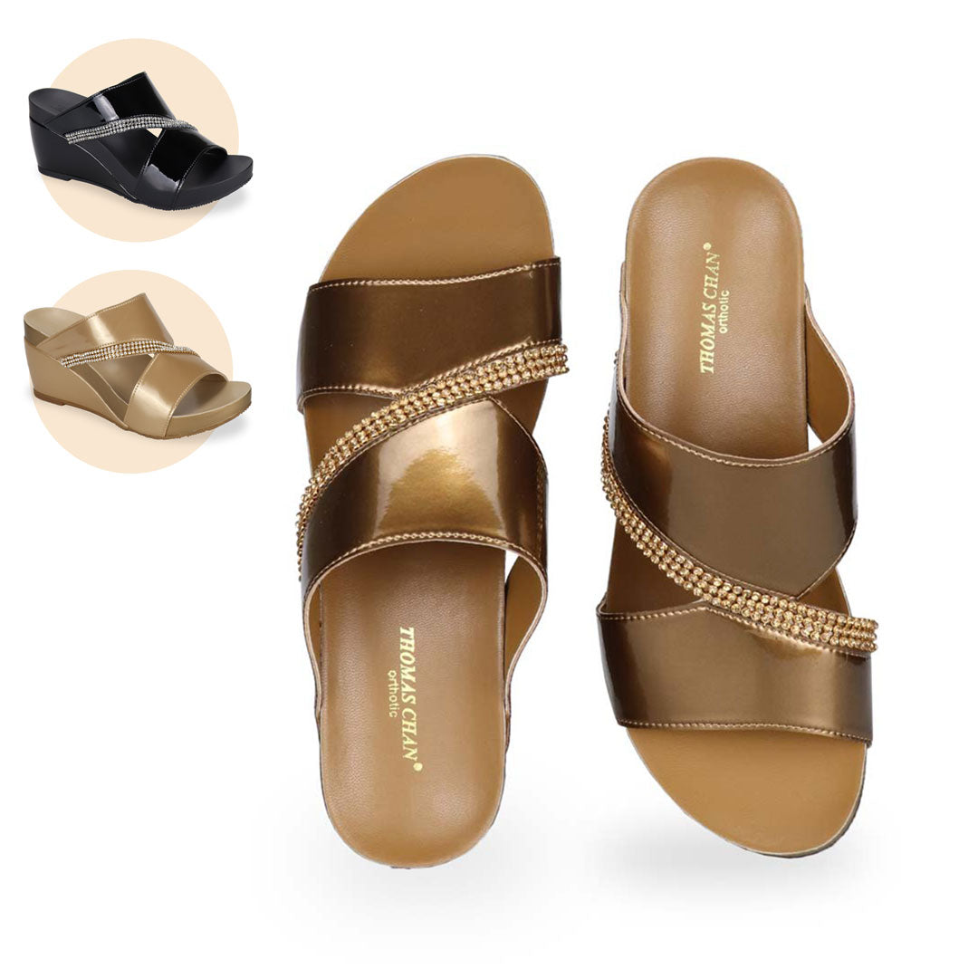  Thomas Chan comfortable diamond strap shiny dinner wedge sandals with arch supporting function, available in bronze, black, and gold colours.