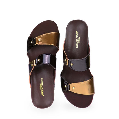 Front view of chocolate and bronze colour Thomas Chan contrast colour matching studded high wedge sandals with orthotic insoles.